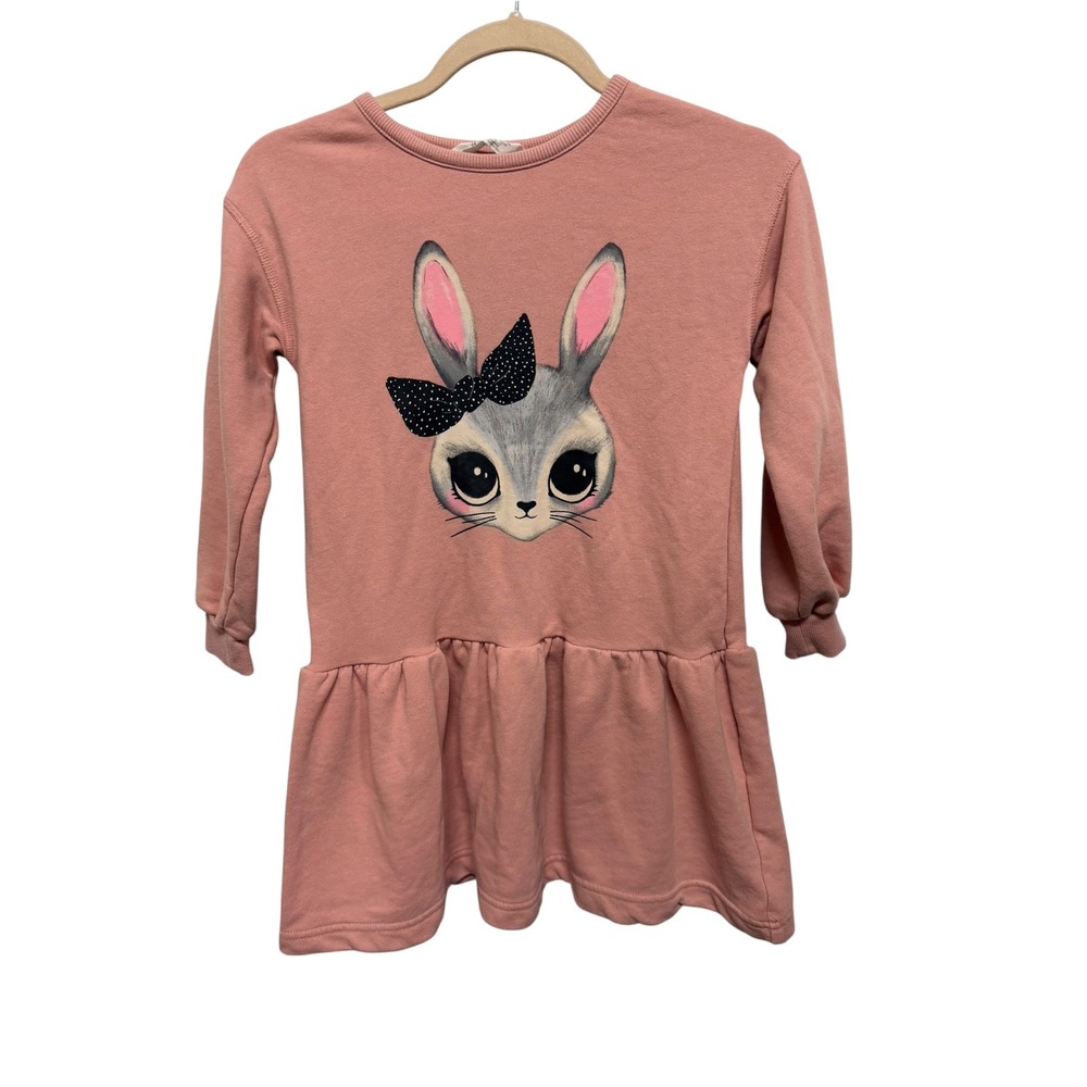 H&M Girls Bunny Rabbit Sweatshirt Dress Size 8 Pink Long Sleeve Ruffle